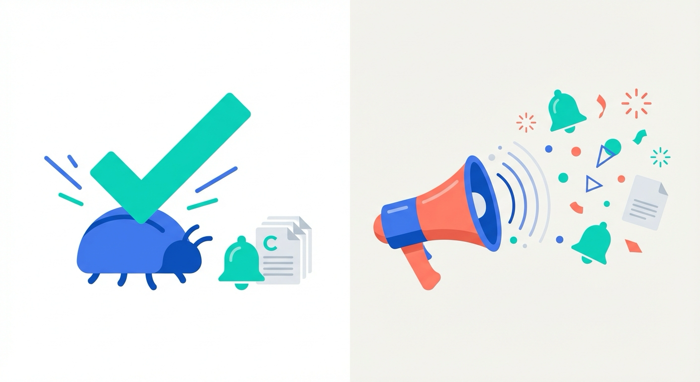 Bug being squashed with checkmark on one side, megaphone broadcasting the fix on the other