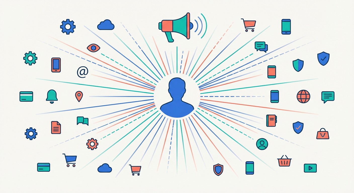 Single figure with radiating connections to many product icons showing coverage spreading thin