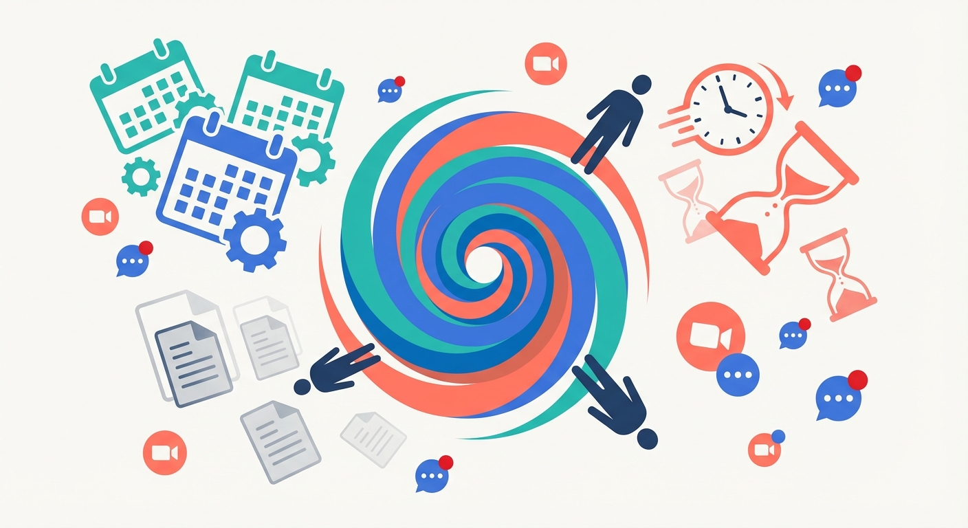 A spiral vortex with calendar and meeting icons multiplying, representing the destructive cycle of meeting overload
