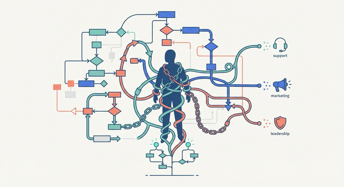 Illustration of a person tangled in vines growing from a process flowchart they originally created