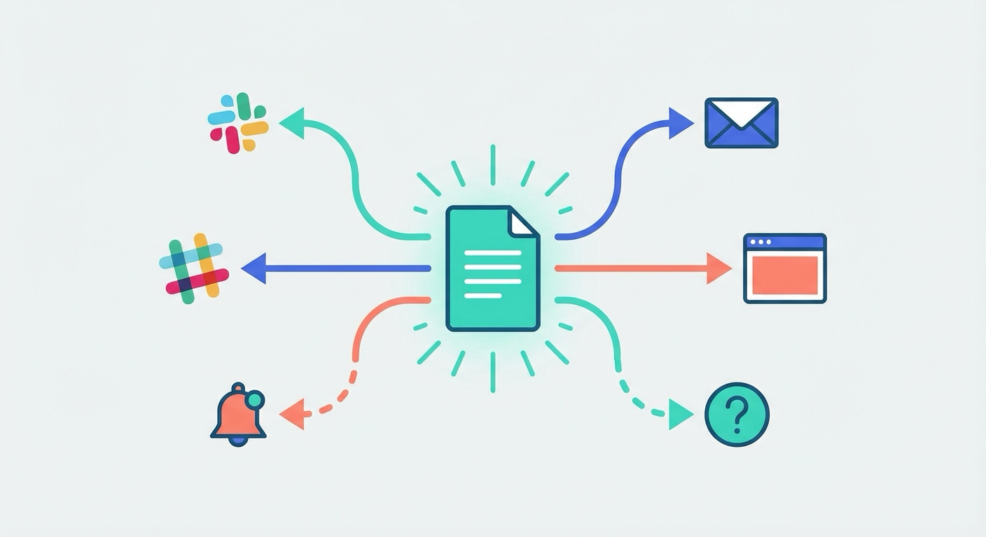 Document in center with distribution arrows branching to channel icons, some reaching destinations and others fading or breaking midway