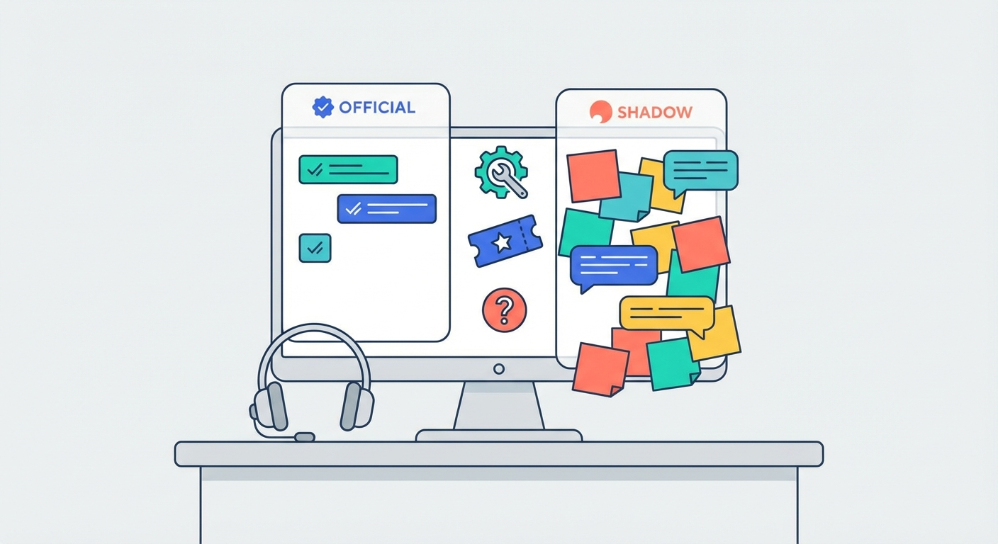 Support agent desk showing contrast between sparse official inbox and overflowing secret channel sidebar with sticky notes and chat messages about small fixes