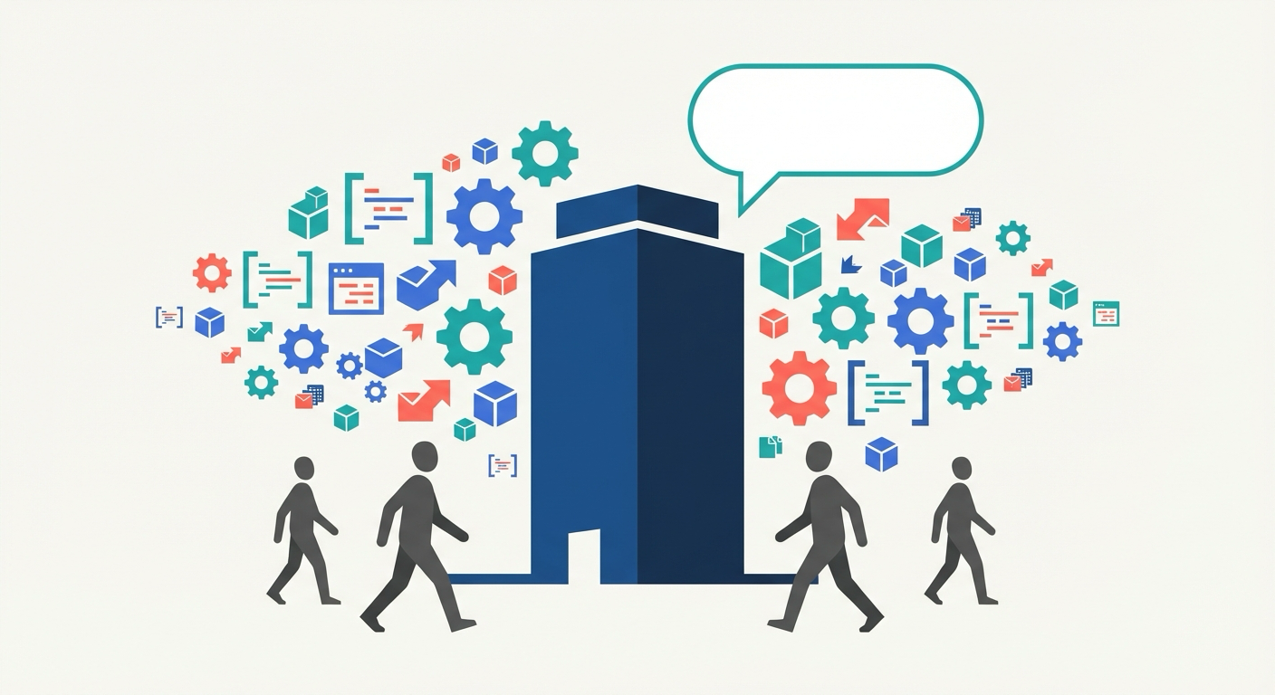 Illustration of a building bustling with activity inside but no visible signs of progress to people outside