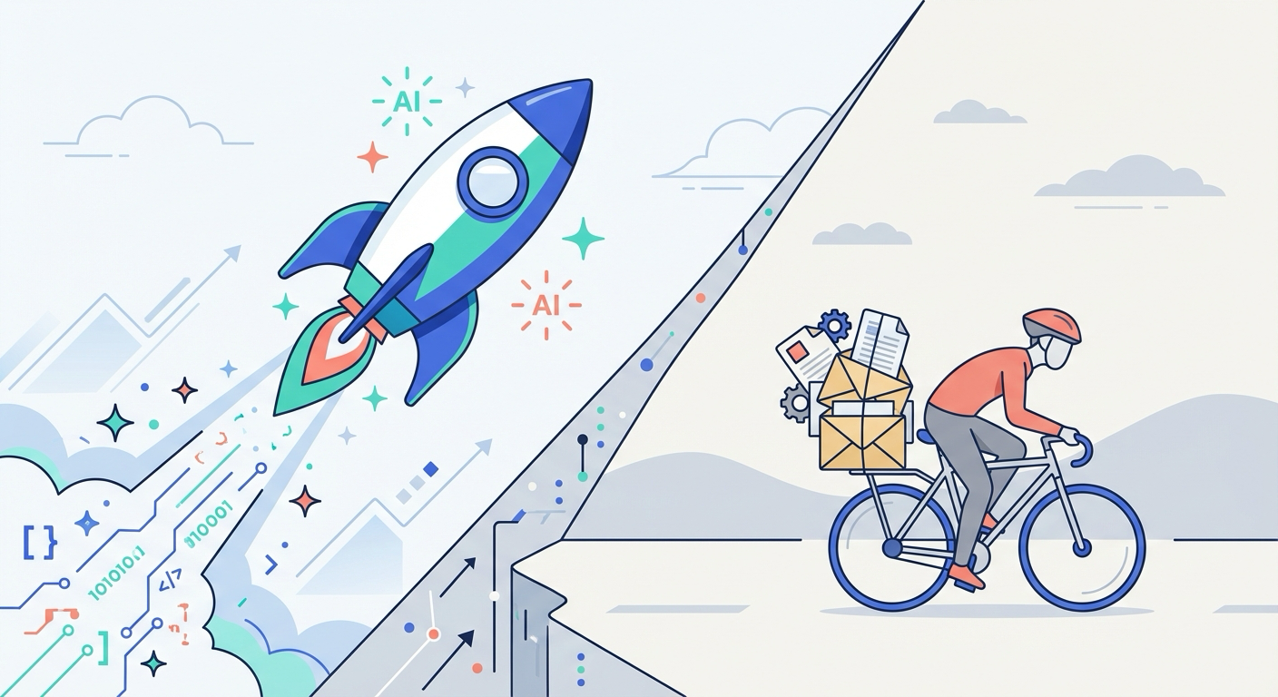 Illustration of a rocket ship representing 10x development speed leaving behind a cyclist struggling with manual communication