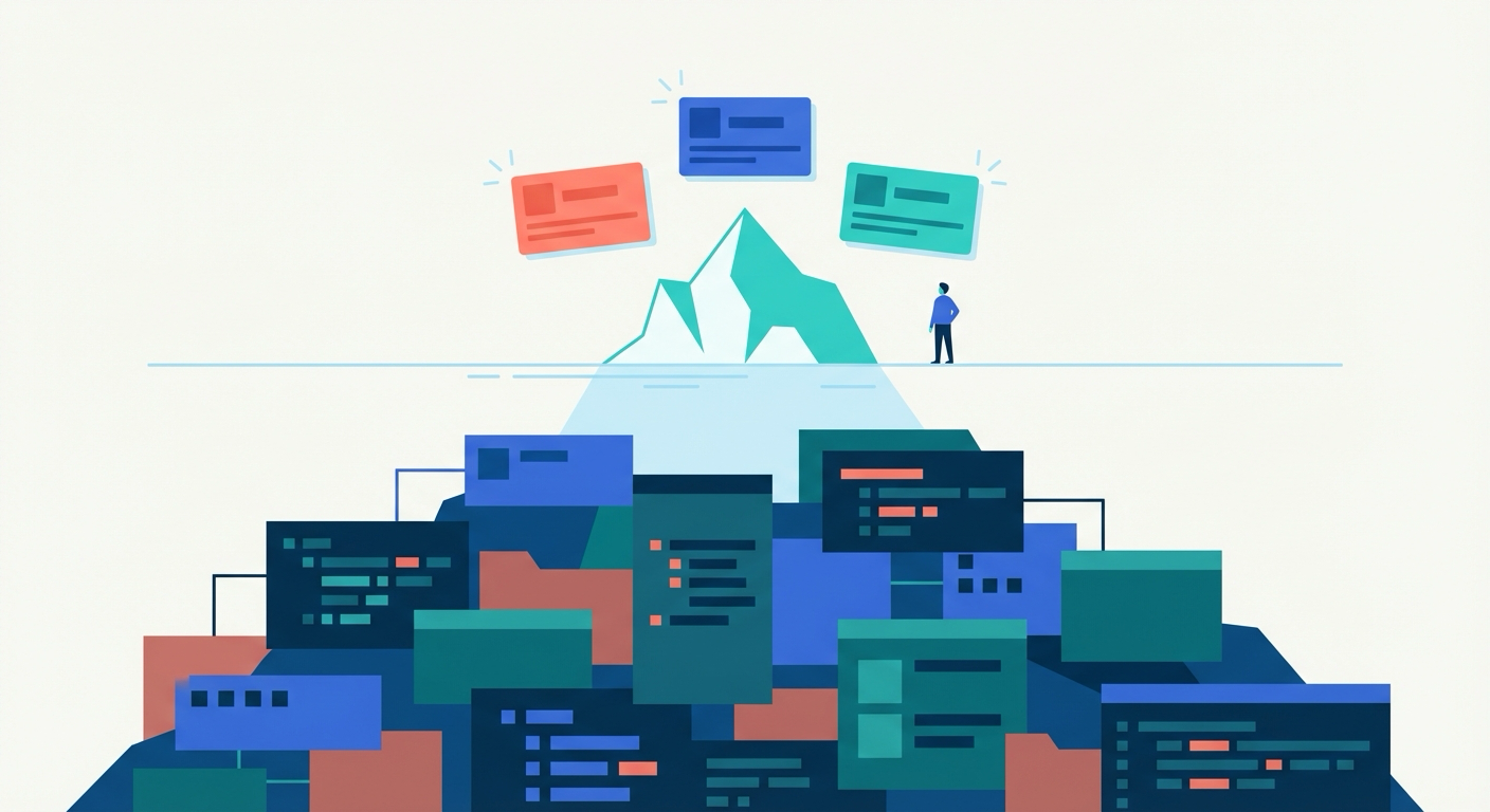 Iceberg visualization showing a small visible tip above the waterline with a few feature cards, and a massive collection of code commits, bug fixes, and shipped work hidden below the surface