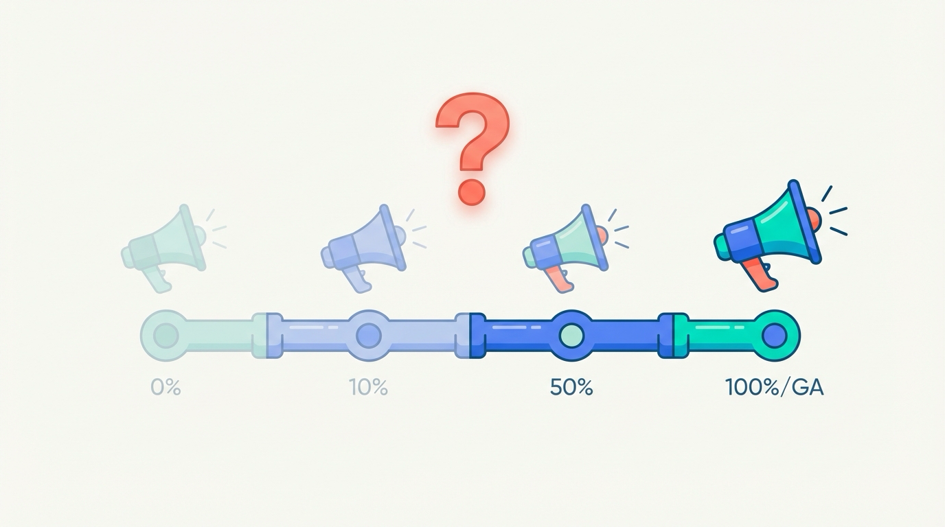 Staged rollout progress bar with megaphone icons at varying opacity and a question mark over middle stages representing communication timing uncertainty