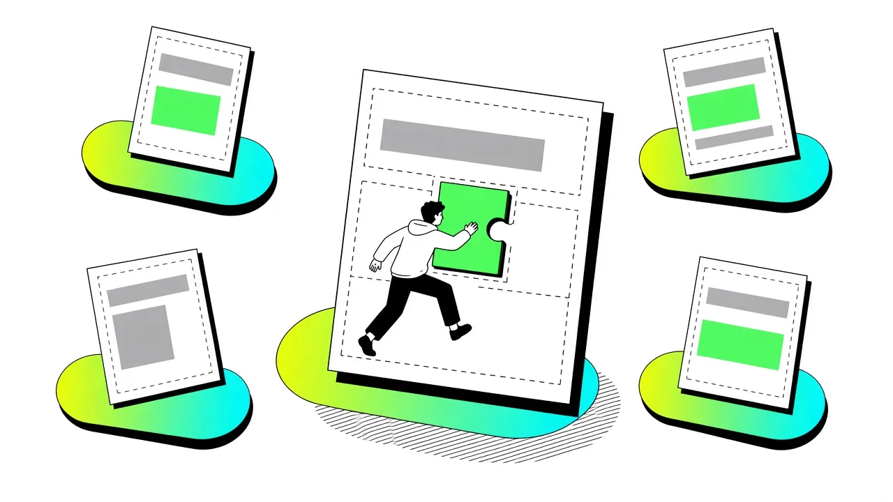 A figure fitting a green block into a dashed placeholder slot on a large template page, surrounded by completed pages