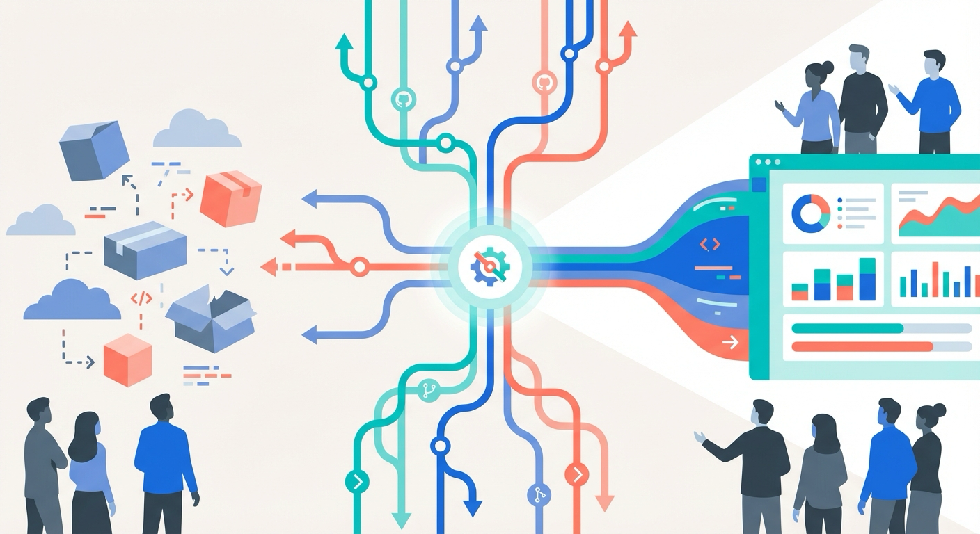 Illustration showing multiple repository sources converging from fragmented views into one unified holistic dashboard