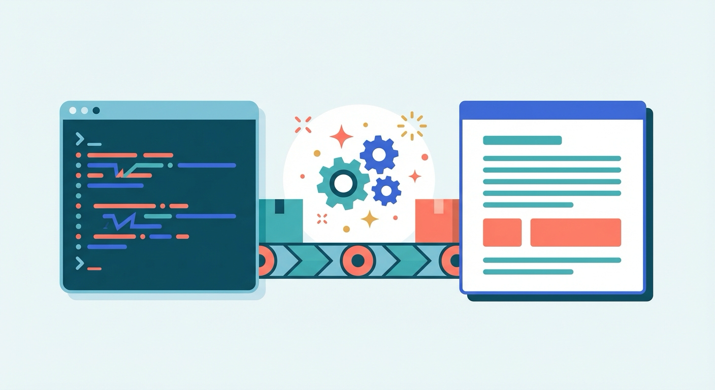 Terminal with raw commit messages transforming through gears into a polished customer announcement card
