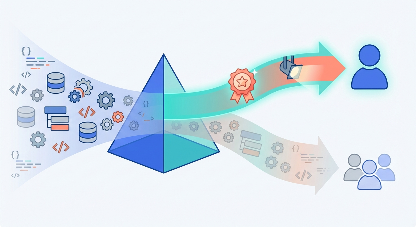 Illustration of a filter separating a chaotic stream of technical items into two paths: a highlighted signal path with key updates flowing to customers, and a faded noise path with internal changes