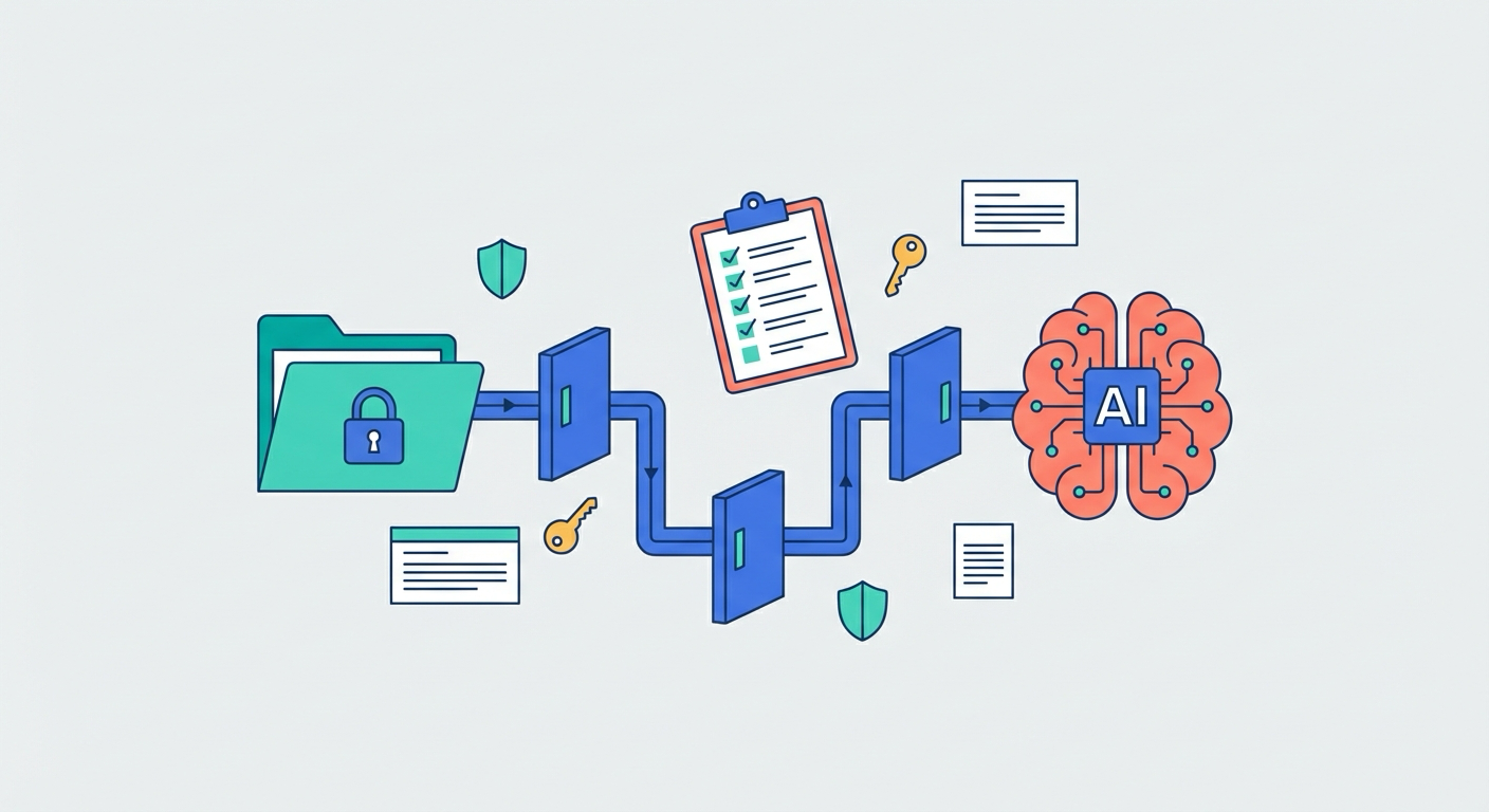 Secure code repository connected by a gated pathway to an AI brain symbol with security checklist