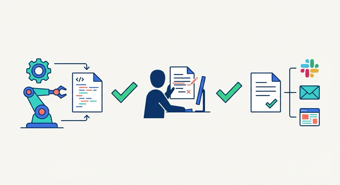 Three-stage workflow showing automation generating a draft, a human refining it with editing marks, and the polished document flowing to multiple distribution channels