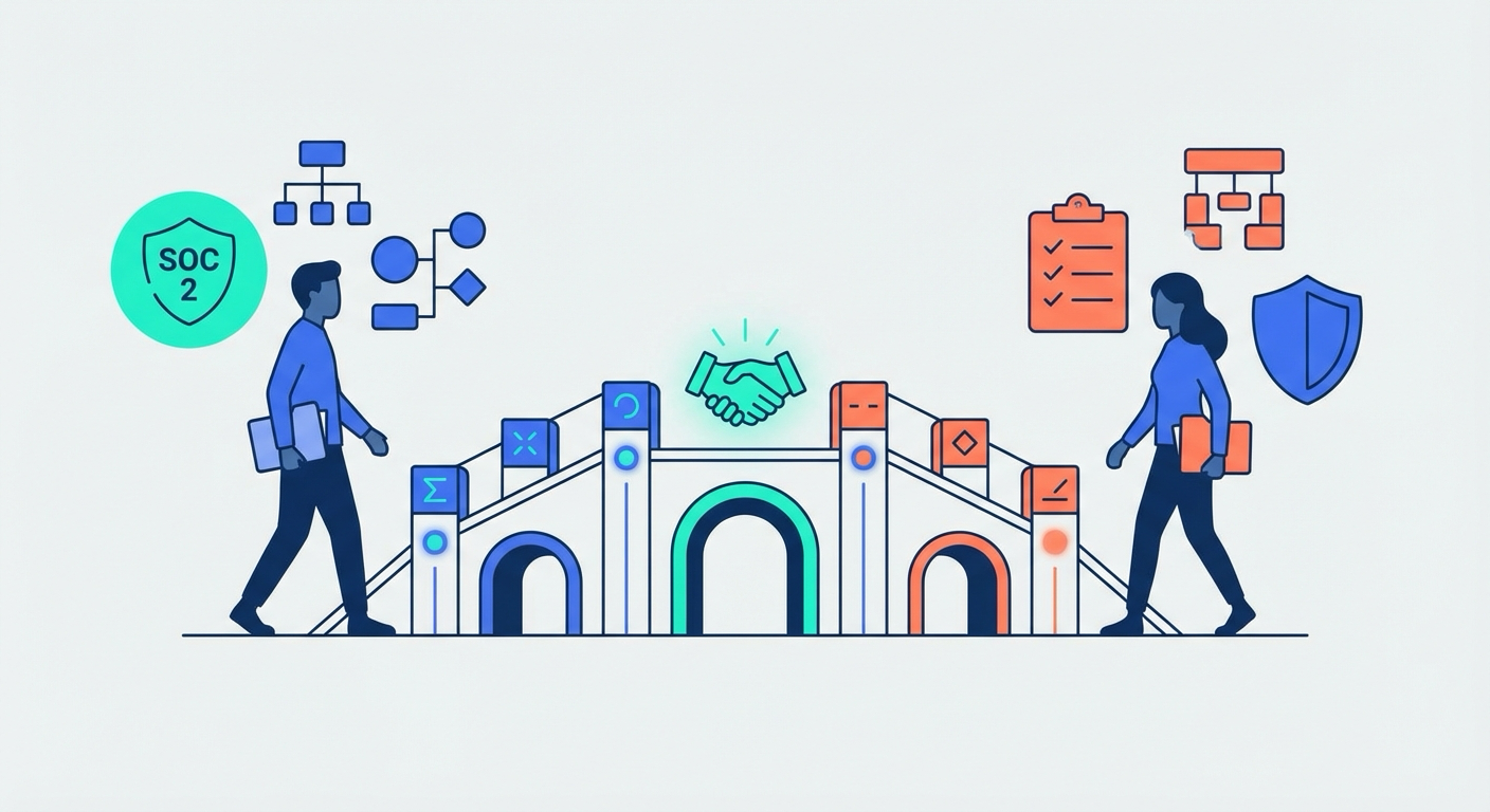 Two figures meeting on a bridge representing vendor and buyer collaboration in security reviews, with documentation and checkpoints leading to a handshake