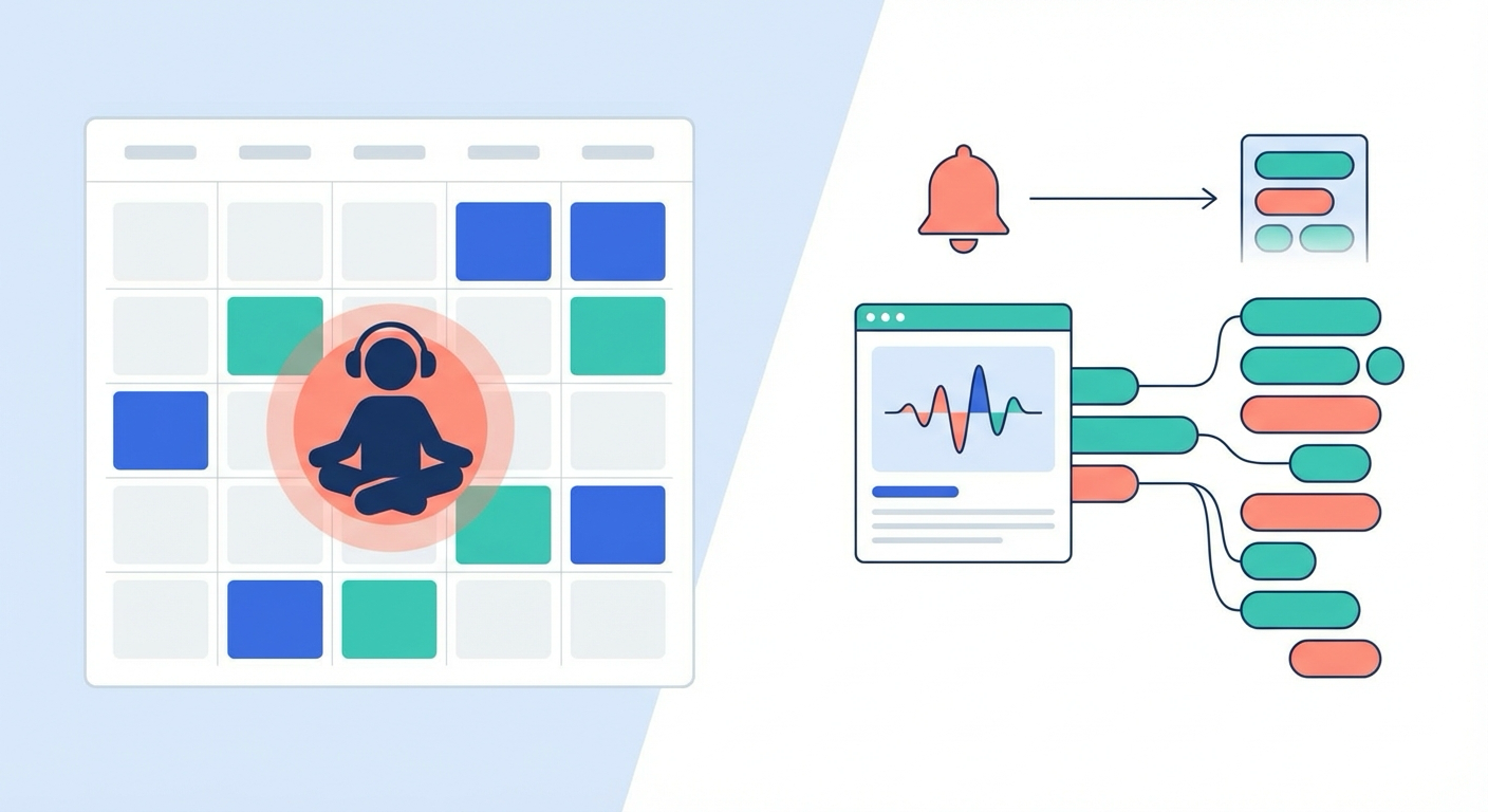 Calendar with meeting blocks contrasted with automatic notification feed