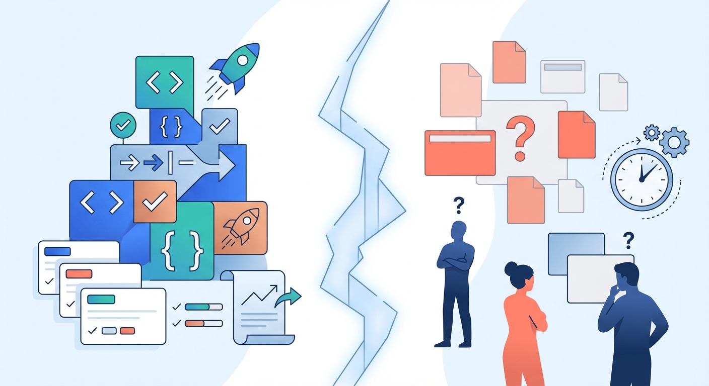 A visual gap showing code and shipped features on one side, empty documents and waiting stakeholders on the other