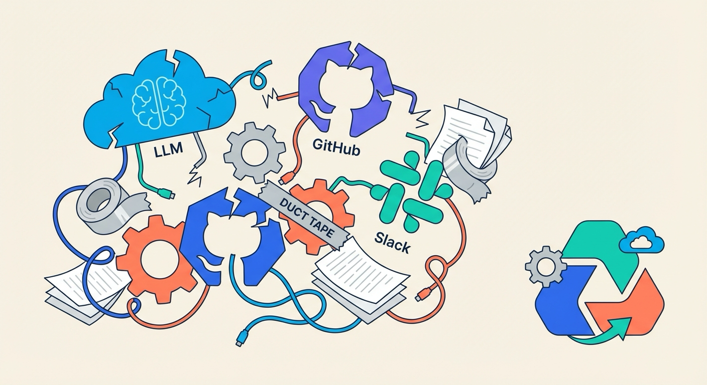 Cobbled-together system with tangled wires and broken connections falling apart, contrasted with a clean integrated system