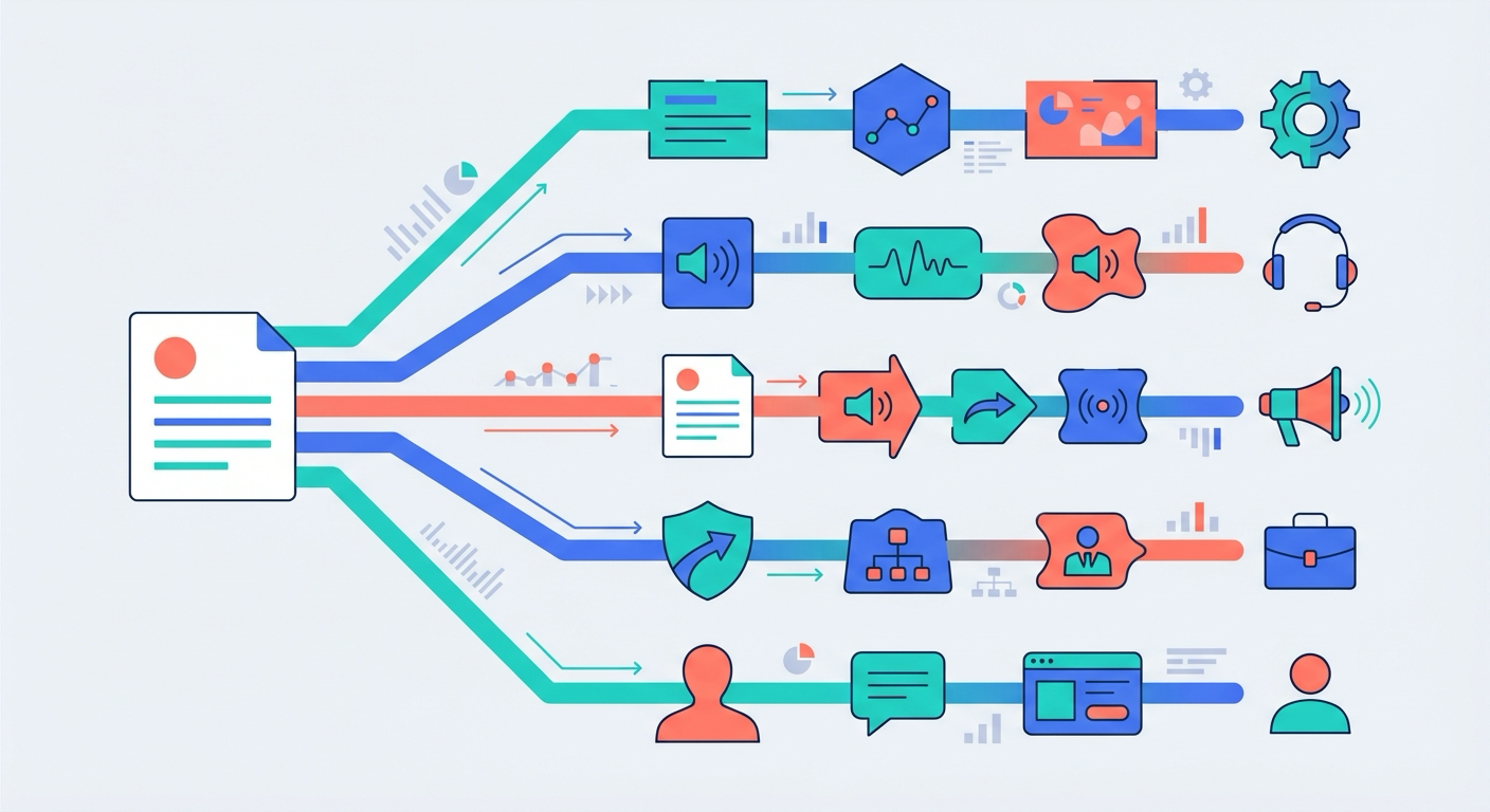 Illustration of a single document splitting into five paths for different audiences
