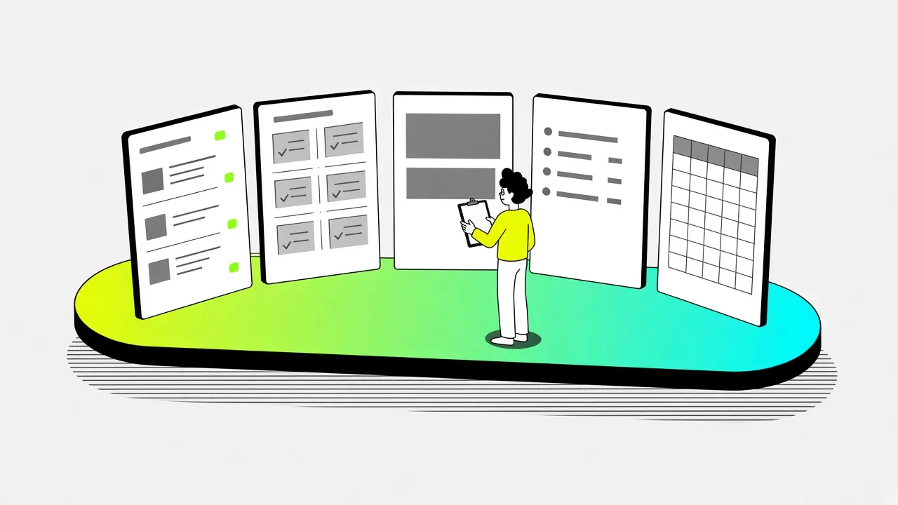 Five changelog page layouts displayed side by side with a figure reviewing them from a clipboard