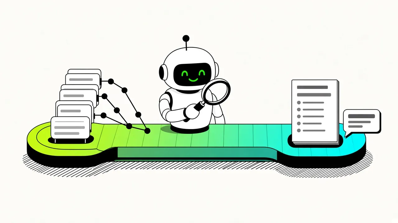 A robot inspecting commit cards on a conveyor belt that delivers a published changelog page and a chat message