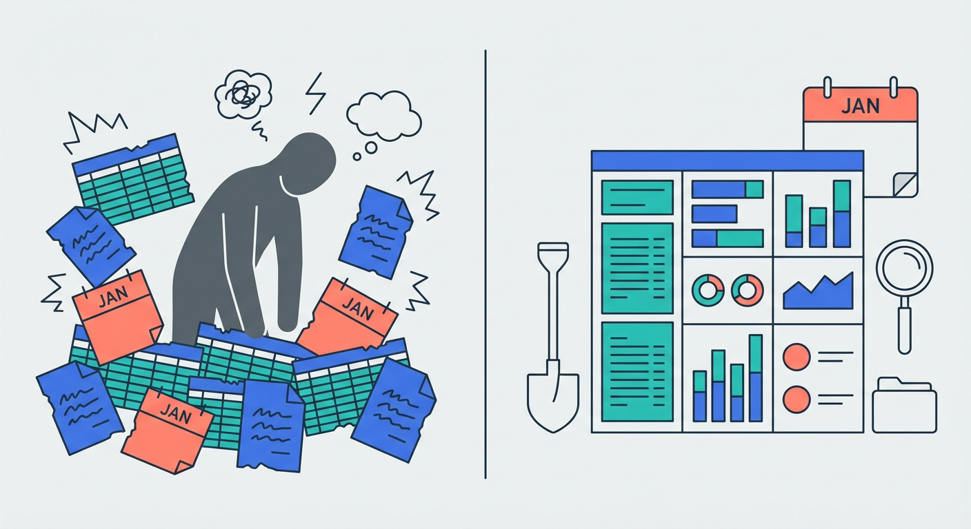 Illustration contrasting chaotic year-end data excavation with organized curation, showing scattered documents becoming a clean summary report