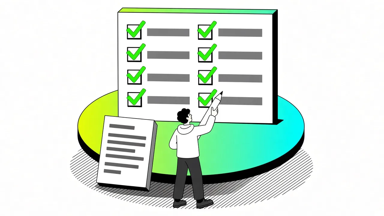 A figure ticking neon green checkboxes on a large checklist board beside a published changelog page