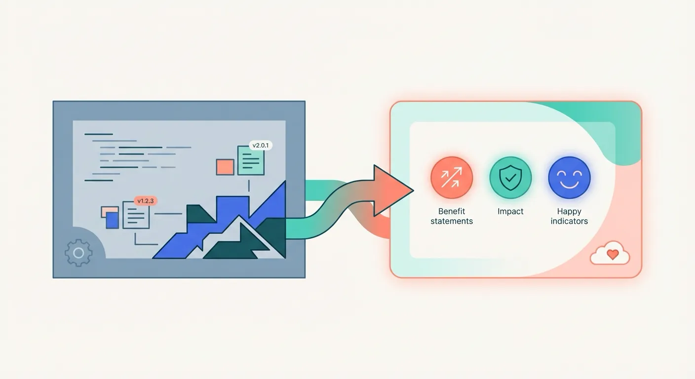 Transformation from dry technical changelog on the left to customer-friendly release notes on the right, connected by an arrow