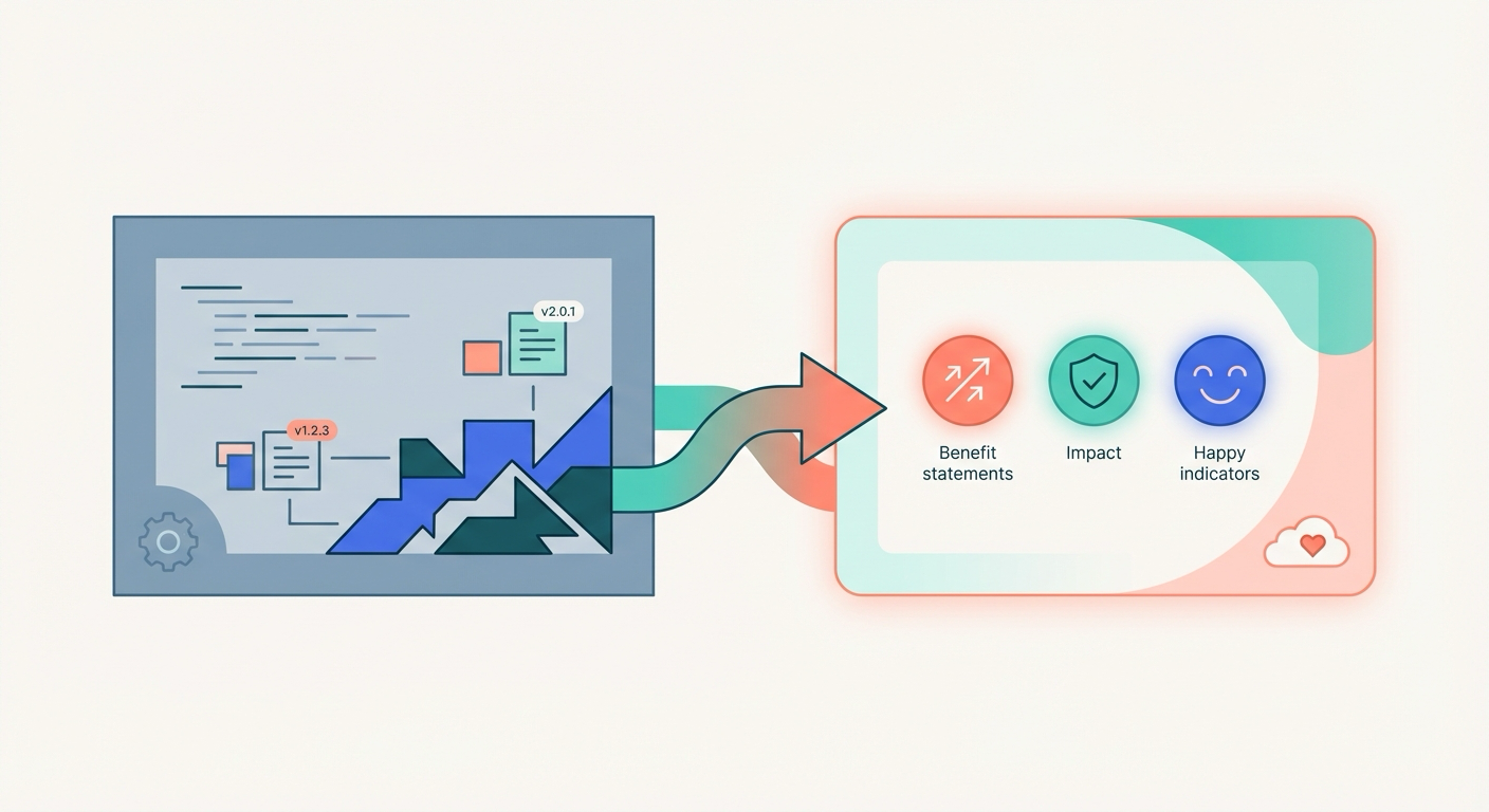 Transformation from dry technical changelog on the left to customer-friendly release notes on the right, connected by an arrow