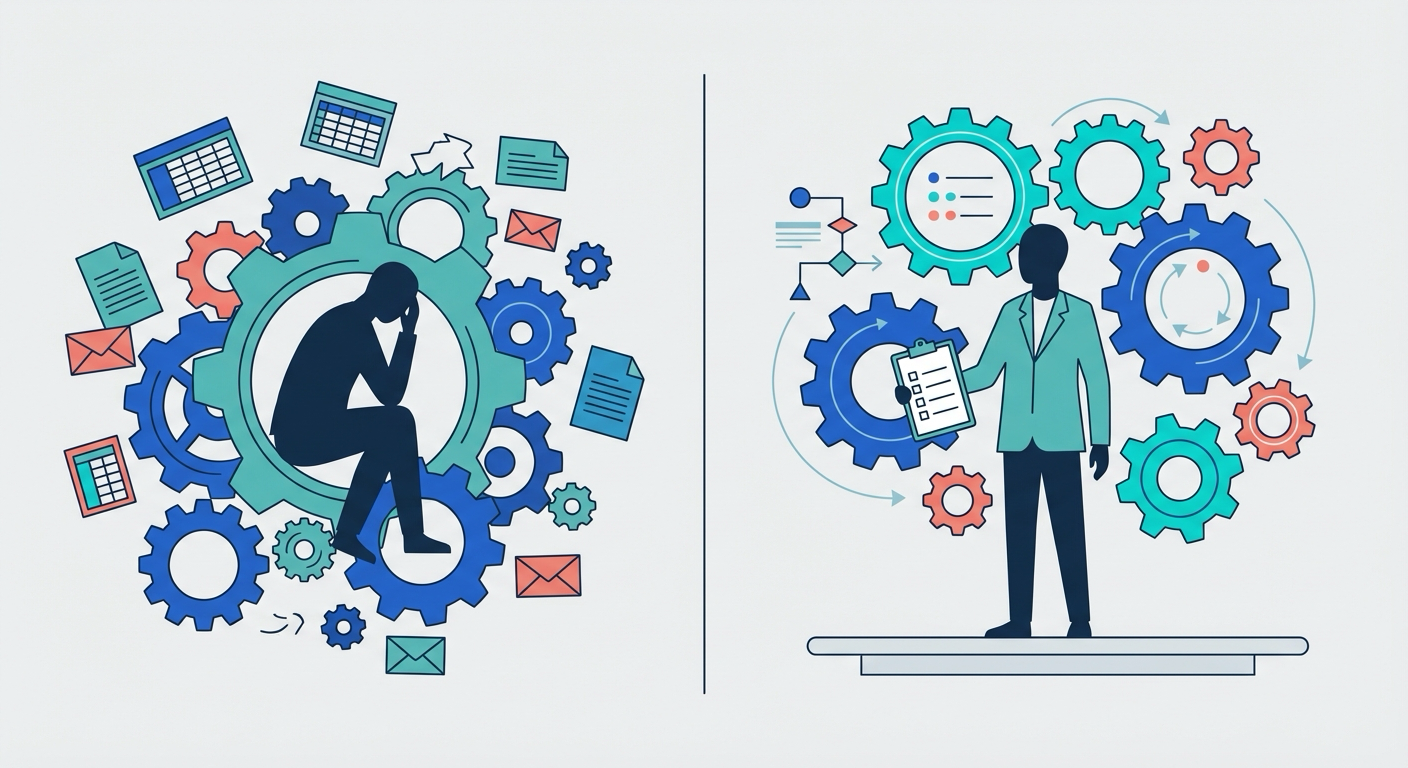 Silhouette trapped in gears versus silhouette overseeing automated machinery