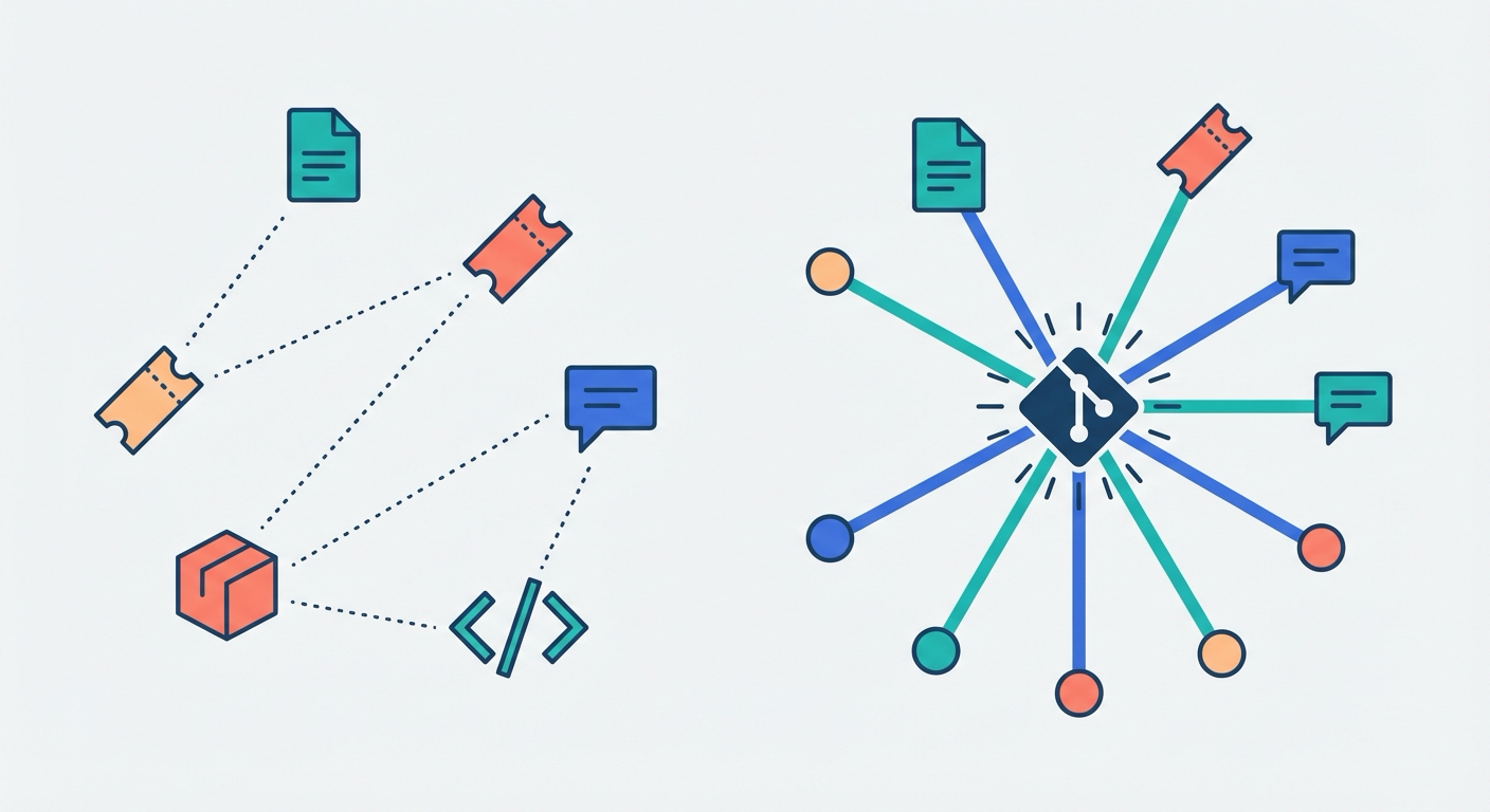 Disconnected tool icons unified by a central code node forming a knowledge graph