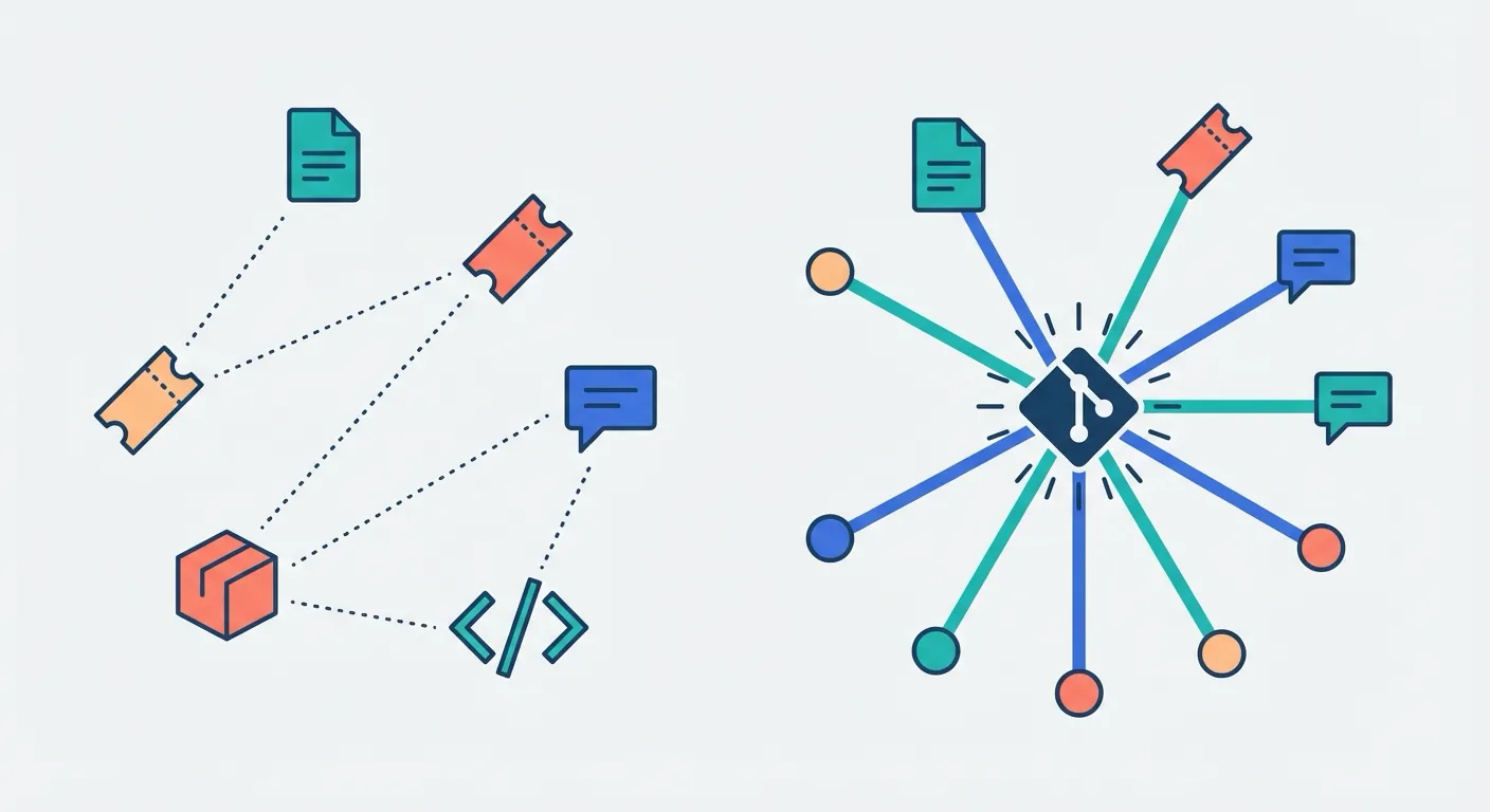 Disconnected tool icons unified by a central code node forming a knowledge graph