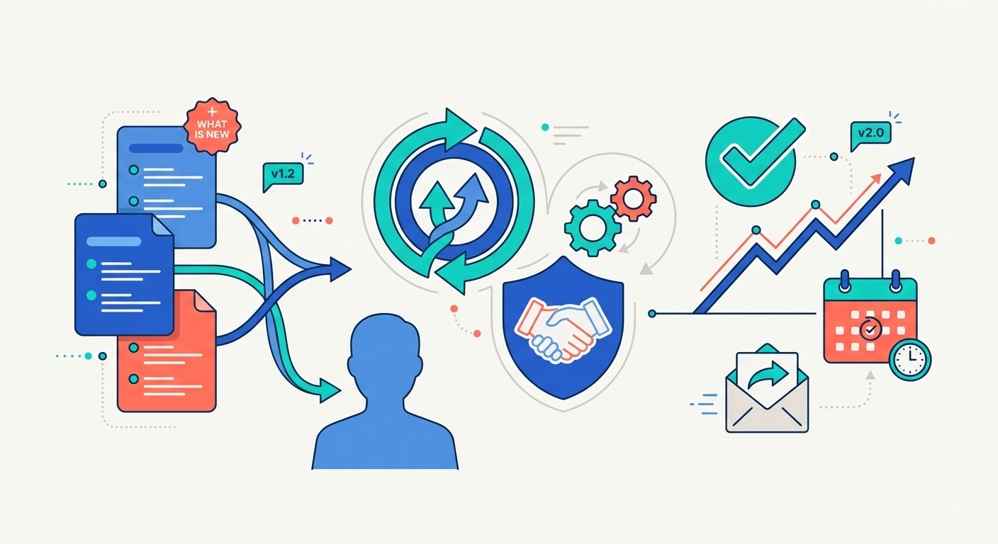Illustration of changelog entries flowing toward a customer, with retention icons like circular arrows and a shield, representing changelogs as customer retention tools