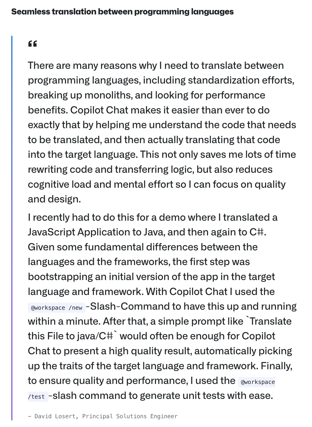 GitHub changelog entry featuring a quote from David Losert, Principal Solutions Engineer, describing how GitHub Copilot Chat helps with seamless translation between programming languages
