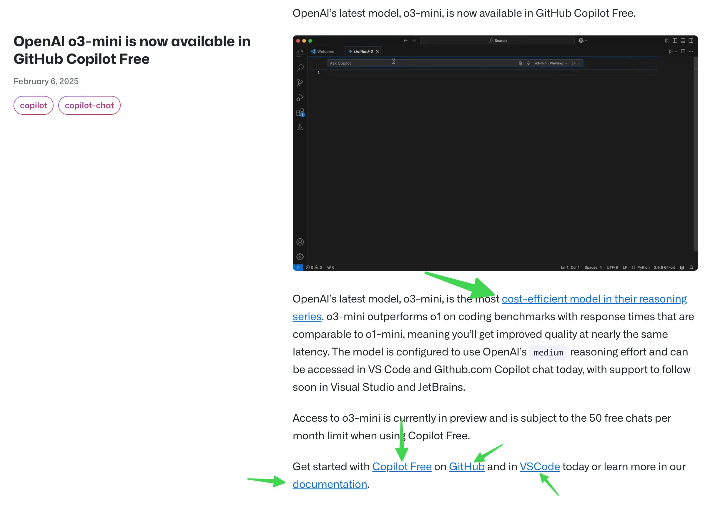 GitHub changelog entry announcing OpenAI o3-mini model availability in GitHub Copilot Free with links to Copilot Free, GitHub, VSCode, and documentation