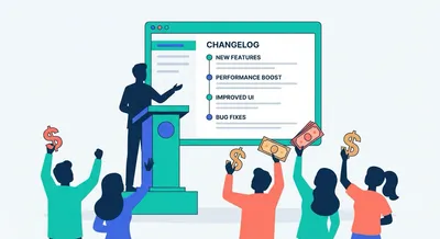 Illustration of a figure presenting a laptop with updates to an amazed viewer